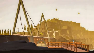 A stylized landscape featuring a suspension bridge and a wooden pier against a rugged, golden-lit mountain backdrop.