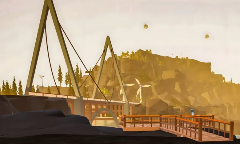 A stylized landscape featuring a suspension bridge and a wooden pier against a rugged, golden-lit mountain backdrop.