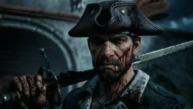 A blood-stained pirate with an intense expression and a tricorne hat holds a sword over his shoulder.