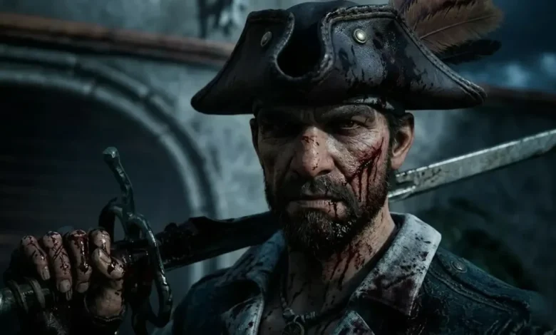 A blood-stained pirate with an intense expression and a tricorne hat holds a sword over his shoulder.