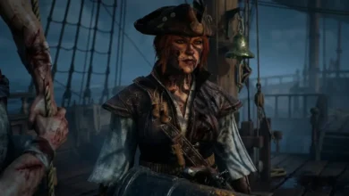 A battle-worn female pirate with a blood-splattered face stands on the deck of a ship under a dark, overcast sky.