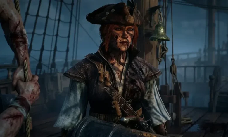 A battle-worn female pirate with a blood-splattered face stands on the deck of a ship under a dark, overcast sky.