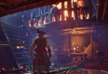 A pirate stands on the lower deck of a burning wooden ship, looking toward a staircase as fire engulfs the structure above.