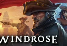 An illustration of three pirates against a backdrop of sailing ships at sunset, with the title "Windrose" displayed across the bottom.