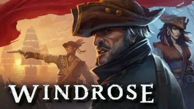 An illustration of three pirates against a backdrop of sailing ships at sunset, with the title "Windrose" displayed across the bottom.