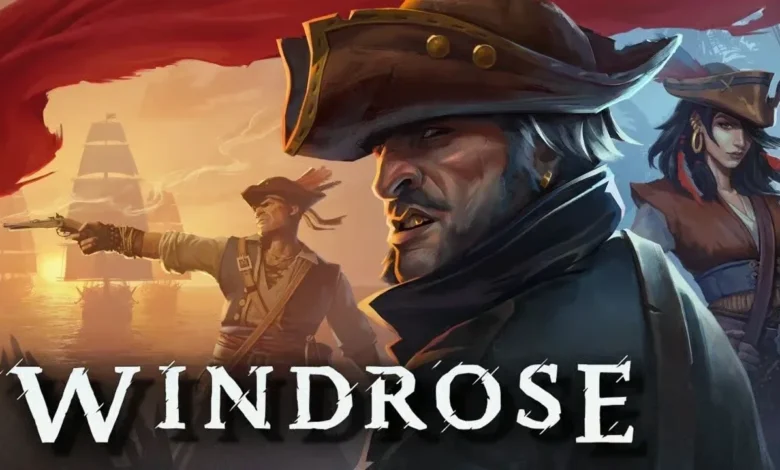 An illustration of three pirates against a backdrop of sailing ships at sunset, with the title "Windrose" displayed across the bottom.