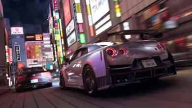 A silver sports car speeds through a vibrant, neon-lit city street at night, surrounded by glowing Japanese billboards.