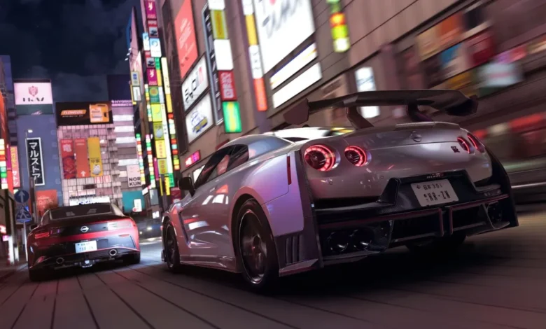 A silver sports car speeds through a vibrant, neon-lit city street at night, surrounded by glowing Japanese billboards.
