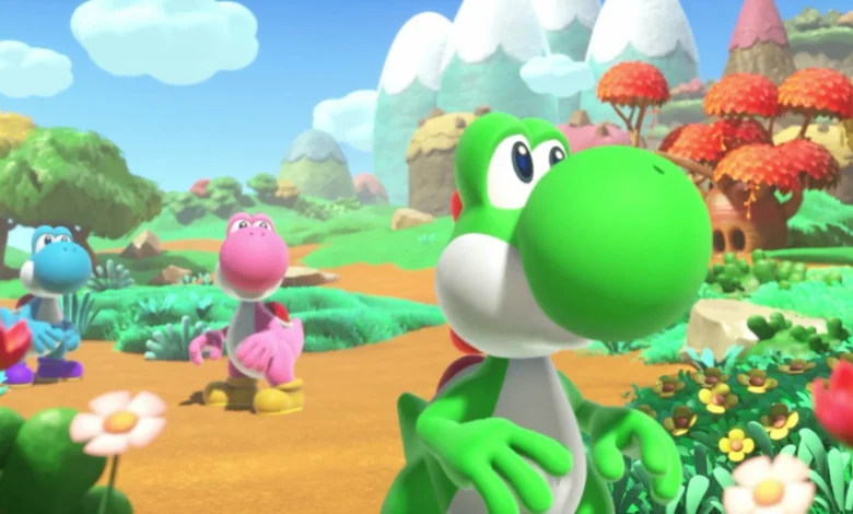 Three colorful Yoshis stand in a vibrant, stylized landscape with rolling green hills and distant snow-capped mountains.