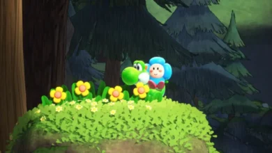 Green Yoshi and a small blue flower-headed character stand behind a grassy hill covered in yellow flowers in a lush forest.