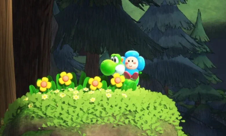 Green Yoshi and a small blue flower-headed character stand behind a grassy hill covered in yellow flowers in a lush forest.
