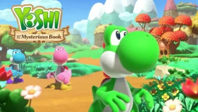 Green, pink, and blue Yoshis stand in a colorful, cartoonish landscape under the title "Yoshi and the Mysterious Book."