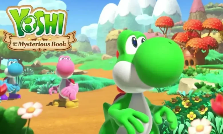Green, pink, and blue Yoshis stand in a colorful, cartoonish landscape under the title "Yoshi and the Mysterious Book."