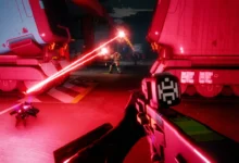 First-person perspective of a sci-fi combat scene featuring laser beams firing at an armored enemy in a red-lit industrial setting.