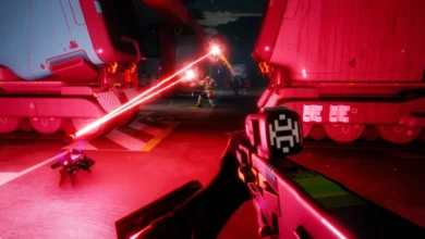 First-person perspective of a sci-fi combat scene featuring laser beams firing at an armored enemy in a red-lit industrial setting.