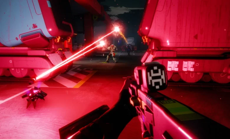 First-person perspective of a sci-fi combat scene featuring laser beams firing at an armored enemy in a red-lit industrial setting.