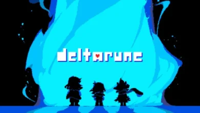 The Deltarune title screen featuring silhouettes of Kris, Susie, and Ralsei standing before a towering, swirling blue fountain of energy.