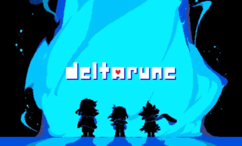 The Deltarune title screen featuring silhouettes of Kris, Susie, and Ralsei standing before a towering, swirling blue fountain of energy.