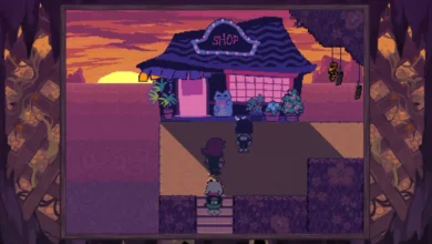 Pixel art of Kris, Susie, and Ralsei standing outside a shop against a vibrant sunset in Deltarune.