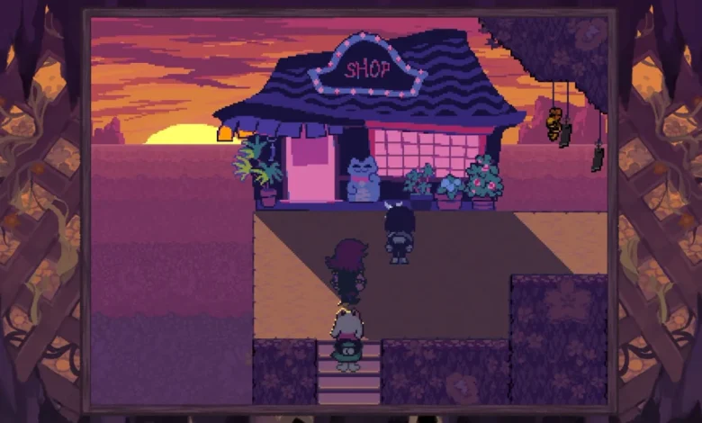 Pixel art of Kris, Susie, and Ralsei standing outside a shop against a vibrant sunset in Deltarune.