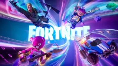 Promotional artwork for Fortnite featuring the game's logo surrounded by characters and elements representing its LEGO, racing, and music game modes.
