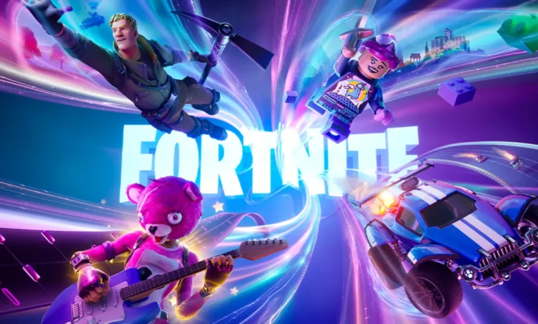 Promotional artwork for Fortnite featuring the game's logo surrounded by characters and elements representing its LEGO, racing, and music game modes.