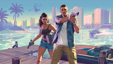 A digital illustration of a man and woman holding handguns and a briefcase on a dock, set against a vibrant tropical city skyline with a police boat and helicopter in the background.