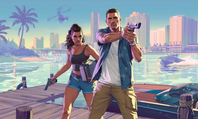 A digital illustration of a man and woman holding handguns and a briefcase on a dock, set against a vibrant tropical city skyline with a police boat and helicopter in the background.