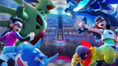 Two Pokémon Trainers face off in a vibrant, futuristic arena with their Pokémon, including Tyranitar and Mega Charizard X, in a dynamic battle scene.