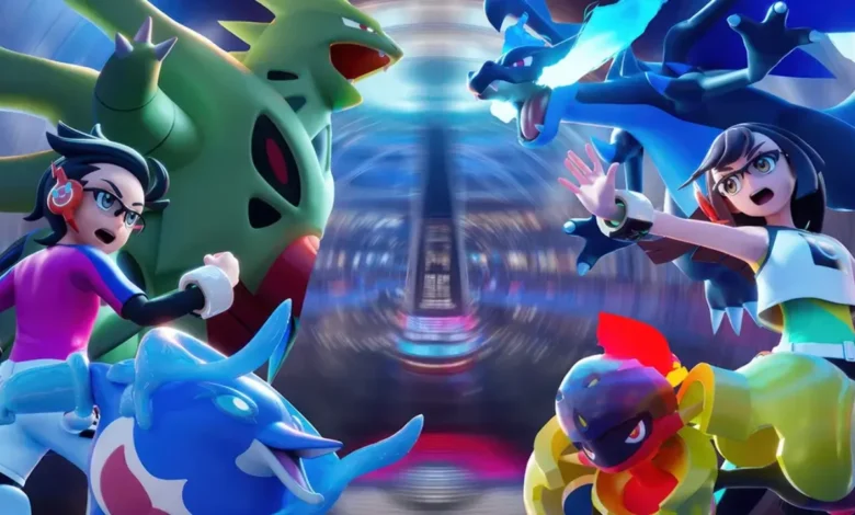 Two Pokémon Trainers face off in a vibrant, futuristic arena with their Pokémon, including Tyranitar and Mega Charizard X, in a dynamic battle scene.