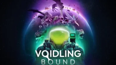 Promotional art for Voidling Bound featuring a central character with a glowing green helmet surrounded by alien creatures against a cosmic backdrop.