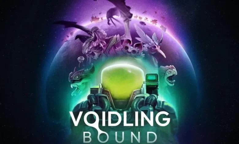 Promotional art for Voidling Bound featuring a central character with a glowing green helmet surrounded by alien creatures against a cosmic backdrop.