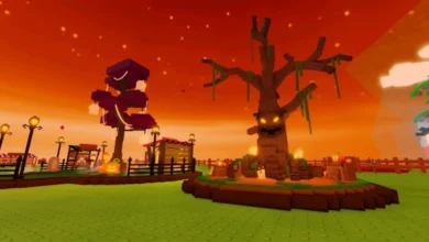 A Halloween-themed blocky game environment featuring a large spooky tree with glowing eyes under a vibrant orange sunset sky.