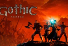 Promotional artwork for the video game Gothic Remake, featuring four fantasy characters posed against a dramatic, fiery orange landscape.