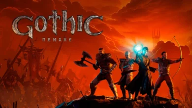 Promotional artwork for the video game Gothic Remake, featuring four fantasy characters posed against a dramatic, fiery orange landscape.