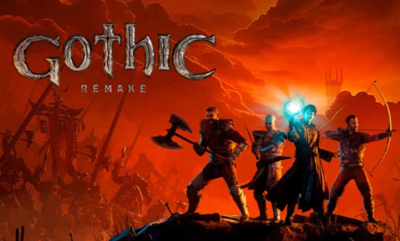 Promotional artwork for the video game Gothic Remake, featuring four fantasy characters posed against a dramatic, fiery orange landscape.