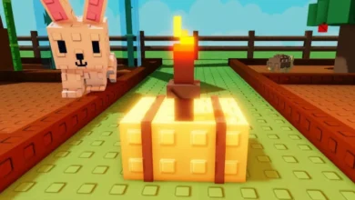 A glowing blocky birthday cake with a lit candle in a voxel-style garden featuring a white rabbit.