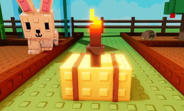 A glowing blocky birthday cake with a lit candle in a voxel-style garden featuring a white rabbit.