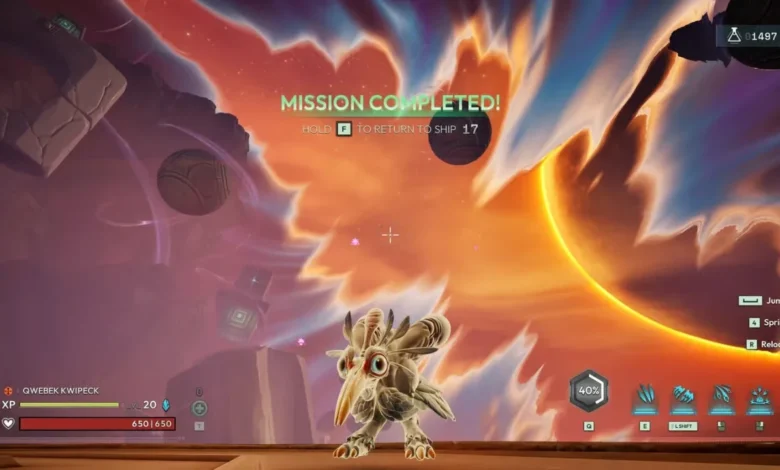 A bird-like character stands in a vibrant sci-fi video game environment with a "Mission Completed" notification displayed over a glowing celestial background.