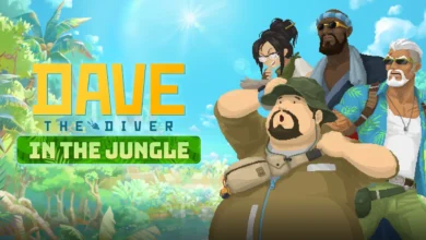 Promotional artwork for "Dave the Diver: In the Jungle" featuring Dave and his companions in explorer gear against a lush tropical backdrop.