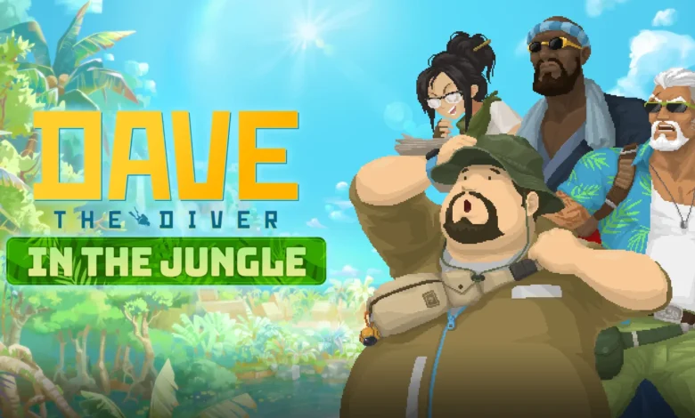 Promotional artwork for "Dave the Diver: In the Jungle" featuring Dave and his companions in explorer gear against a lush tropical backdrop.
