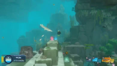 A scuba diver explores a vibrant underwater environment with ancient stone ruins and a large fish in a stylized video game.