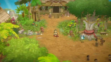 A pixelated character rides a small red scooter through a vibrant, lush tropical village filled with greenery and traditional huts.