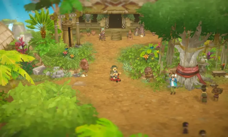 A pixelated character rides a small red scooter through a vibrant, lush tropical village filled with greenery and traditional huts.