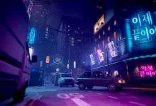 A neon-lit city street at night featuring vibrant blue and pink Korean signs and parked vehicles in a futuristic urban setting.