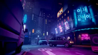 A neon-lit city street at night featuring vibrant blue and pink Korean signs and parked vehicles in a futuristic urban setting.