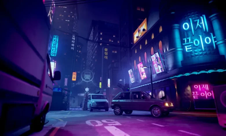 A neon-lit city street at night featuring vibrant blue and pink Korean signs and parked vehicles in a futuristic urban setting.