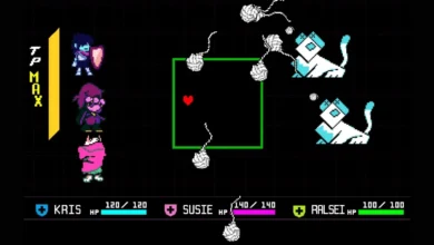 In a Deltarune battle scene, Kris, Susie, and Ralsei face two cat-like enemies while a red heart soul dodges incoming yarn ball projectiles.