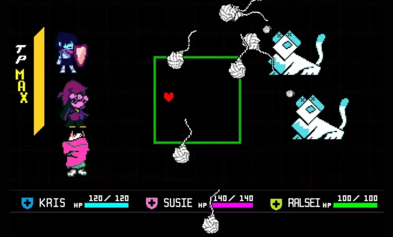 In a Deltarune battle scene, Kris, Susie, and Ralsei face two cat-like enemies while a red heart soul dodges incoming yarn ball projectiles.