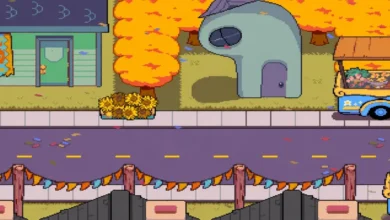 A pixel art street scene in autumn featuring orange trees, festive bunting, and a building shaped like an Among Us character.